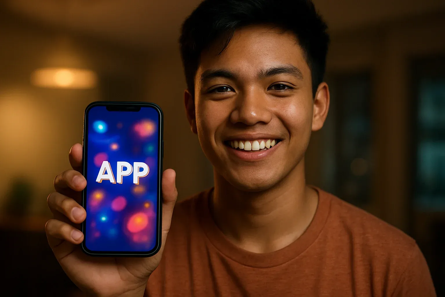 Young Filipino man smiling, holding smartphone with colorful APP interface