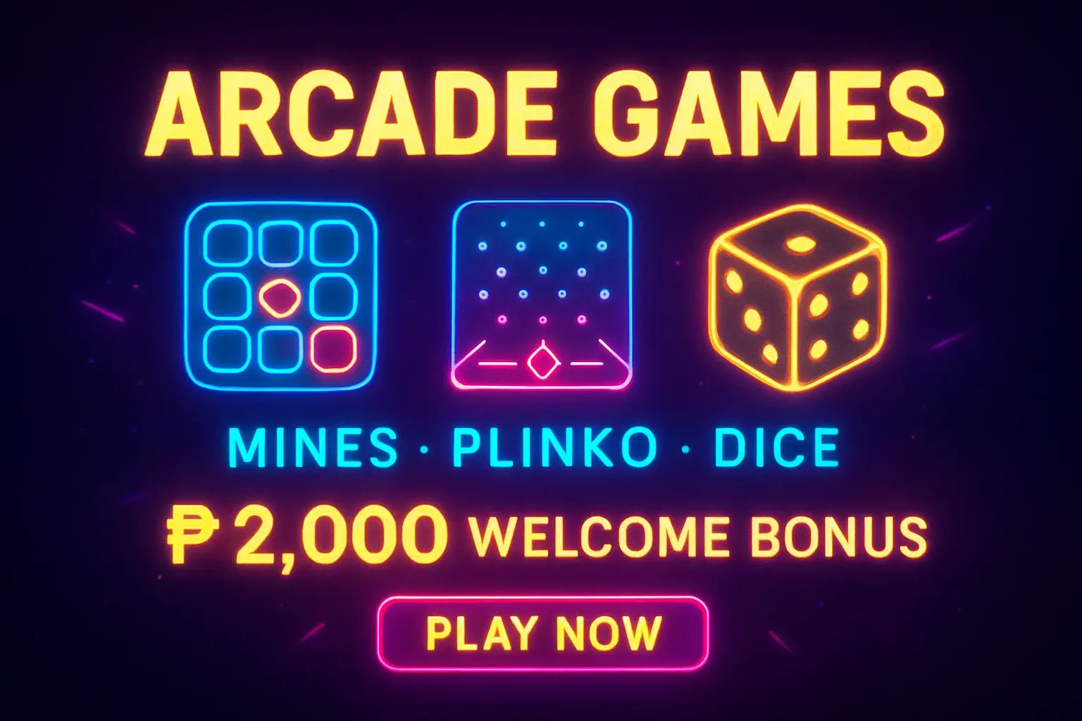 Neon arcade games banner with mines, plinko, dice, and play button