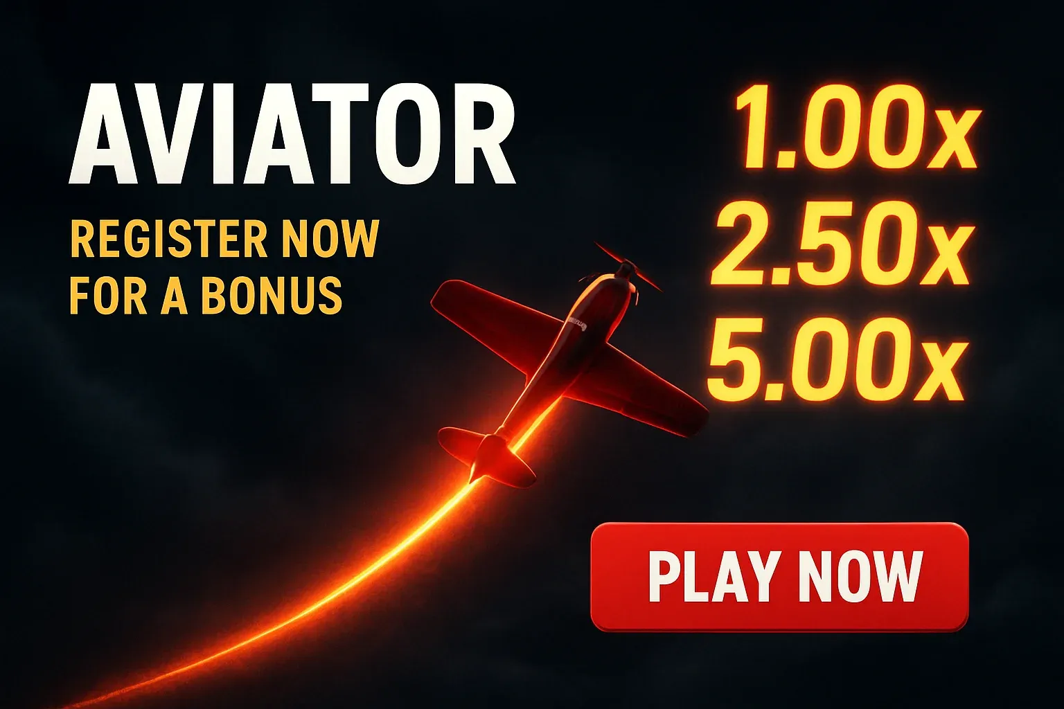 Aviator crash game banner with red plane, multipliers, and play button