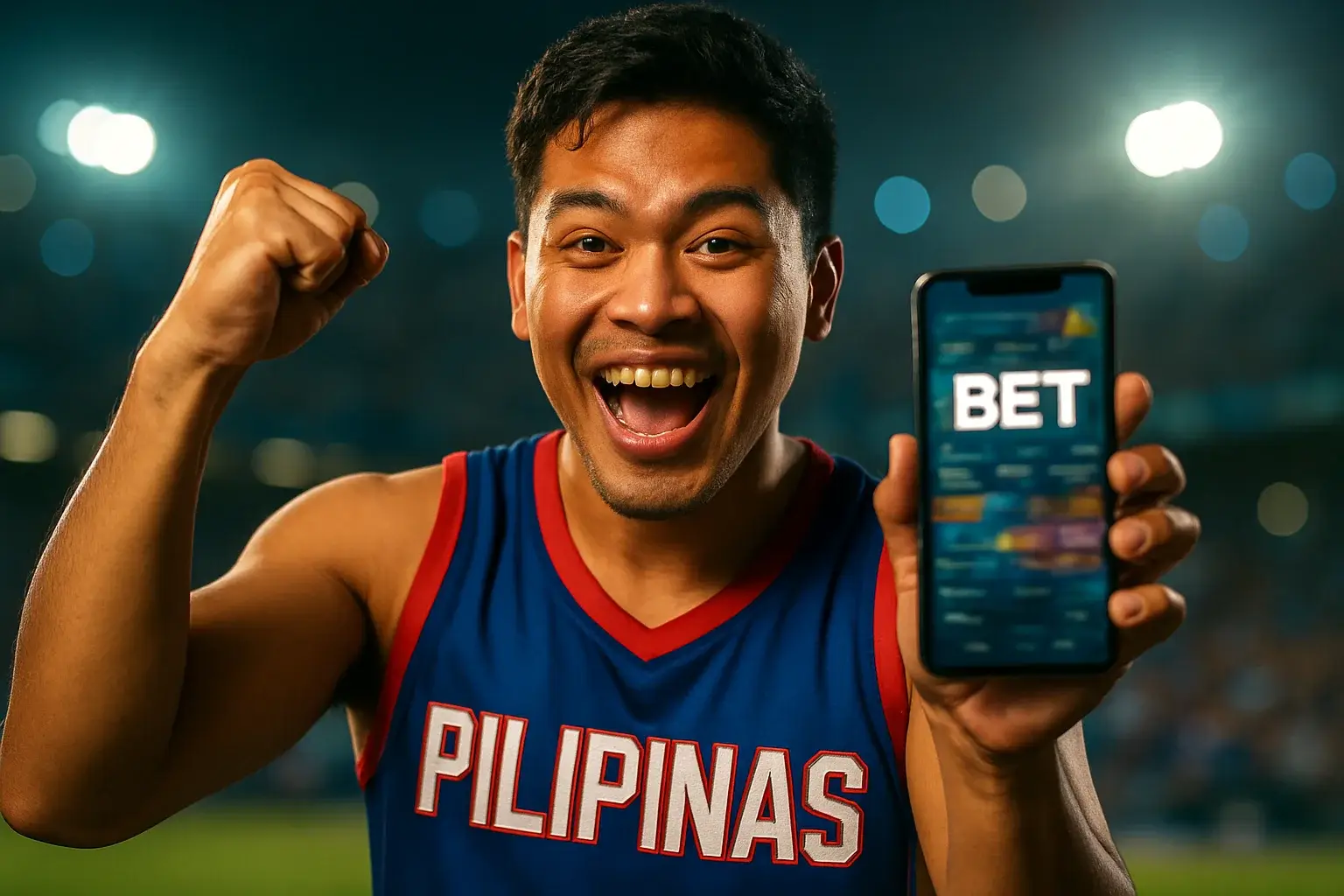 Excited Filipino man holding phone with sports betting screen saying BET