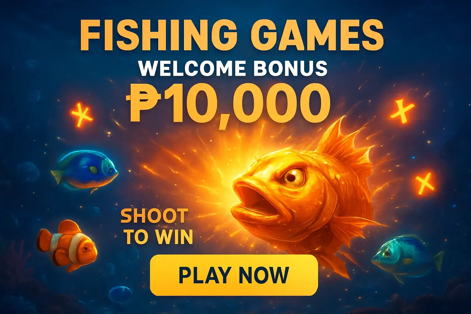 Fishing arcade promo banner with boss fish, bonus, and play button