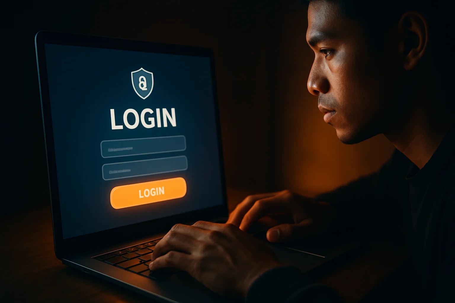 Young Filipino man's hands on laptop showing stylized LOGIN screen