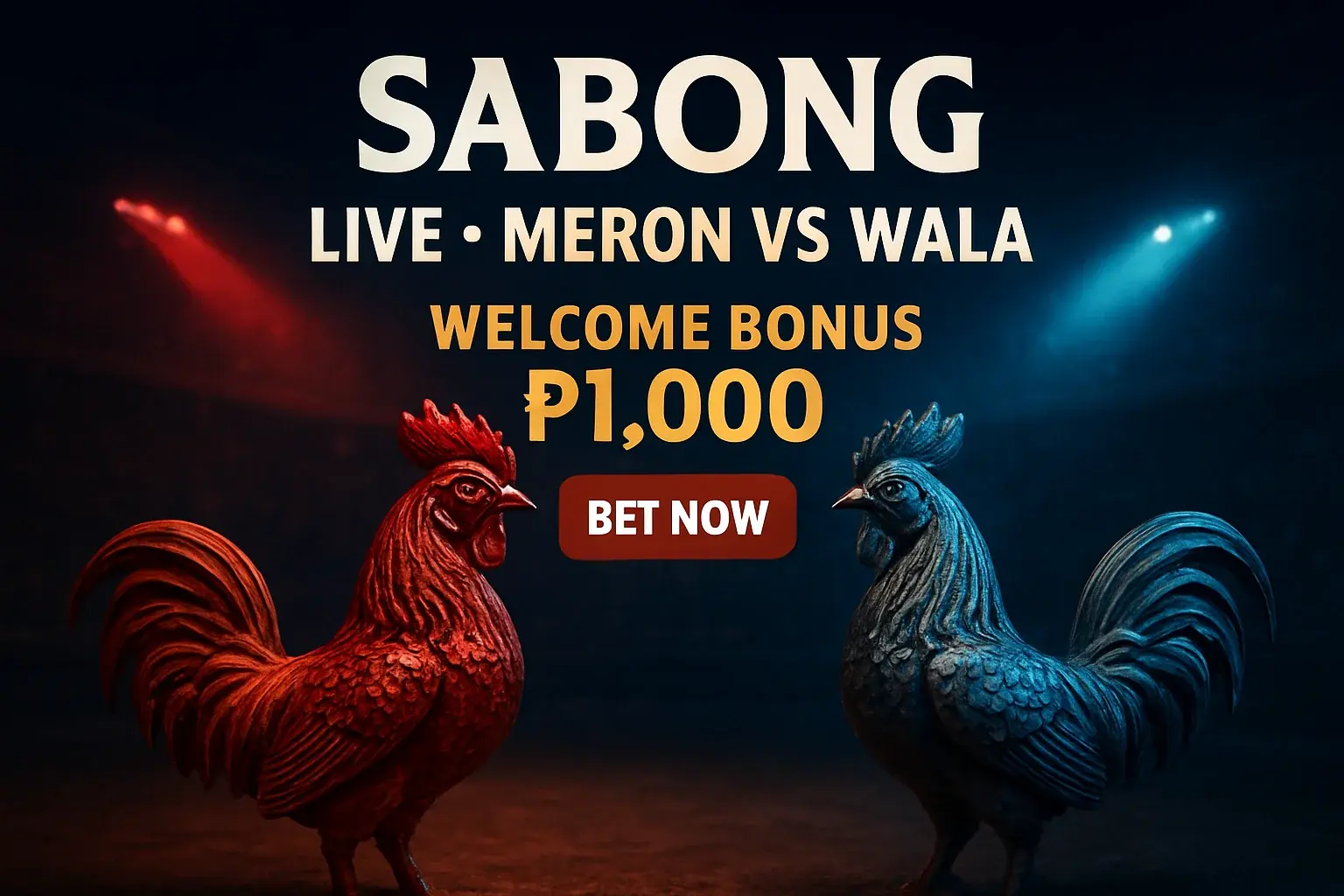 Live sabong banner with decorative rooster figurines and bet now button