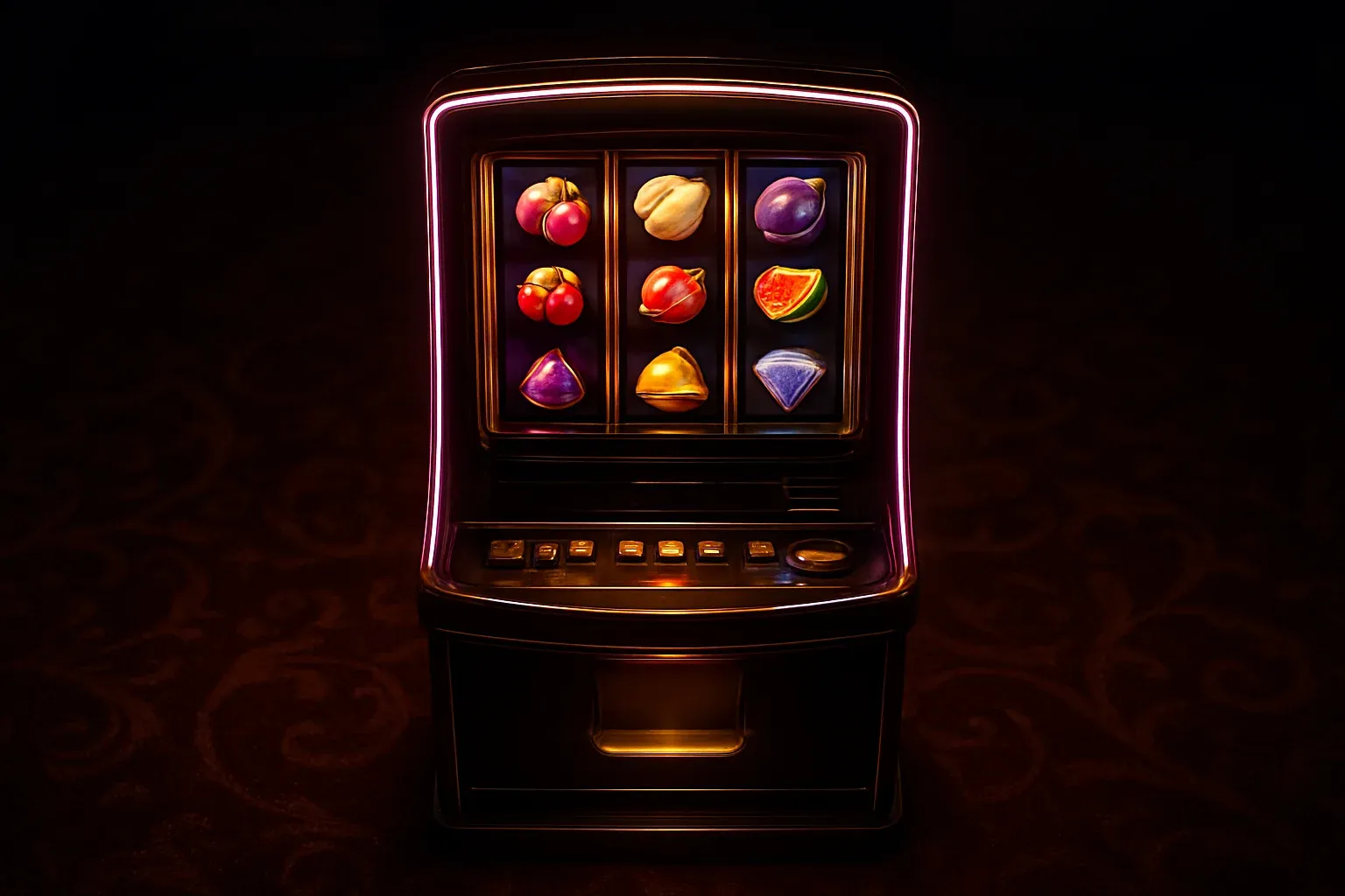 Complete premium slot machine on dark luxury casino floor with glowing reels